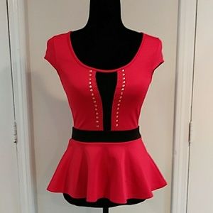 Red and black pemplum cap sleeve shirt